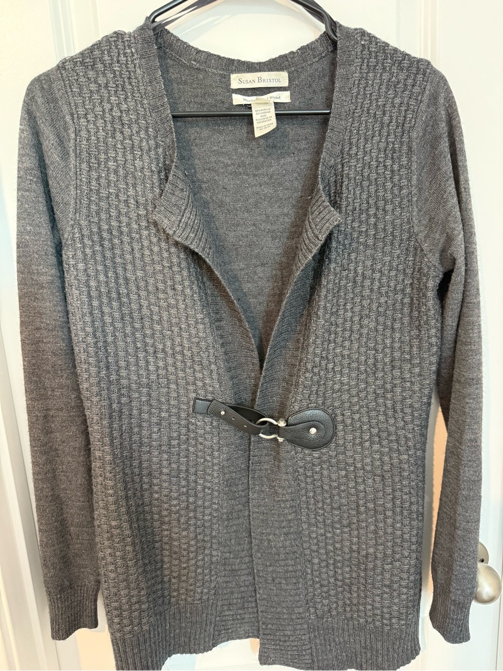 Susan Bristol Merino Wool Blend Cardigan-medium gray woven luxury fabric